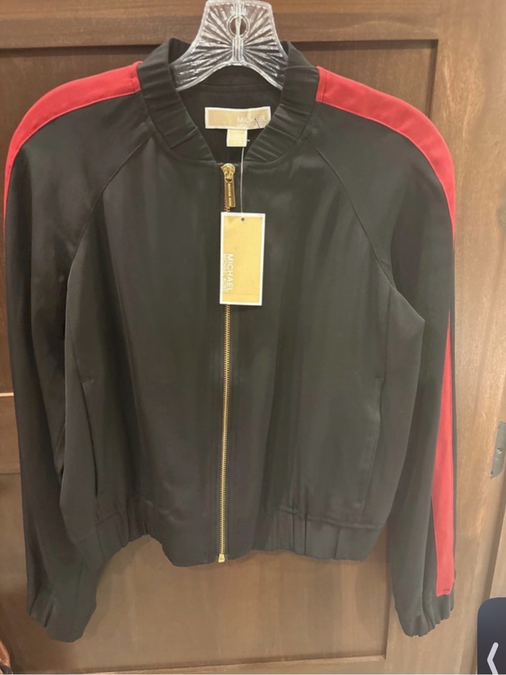 Michael Kors Black Bomber Jacket with Red Shoulder Stripes